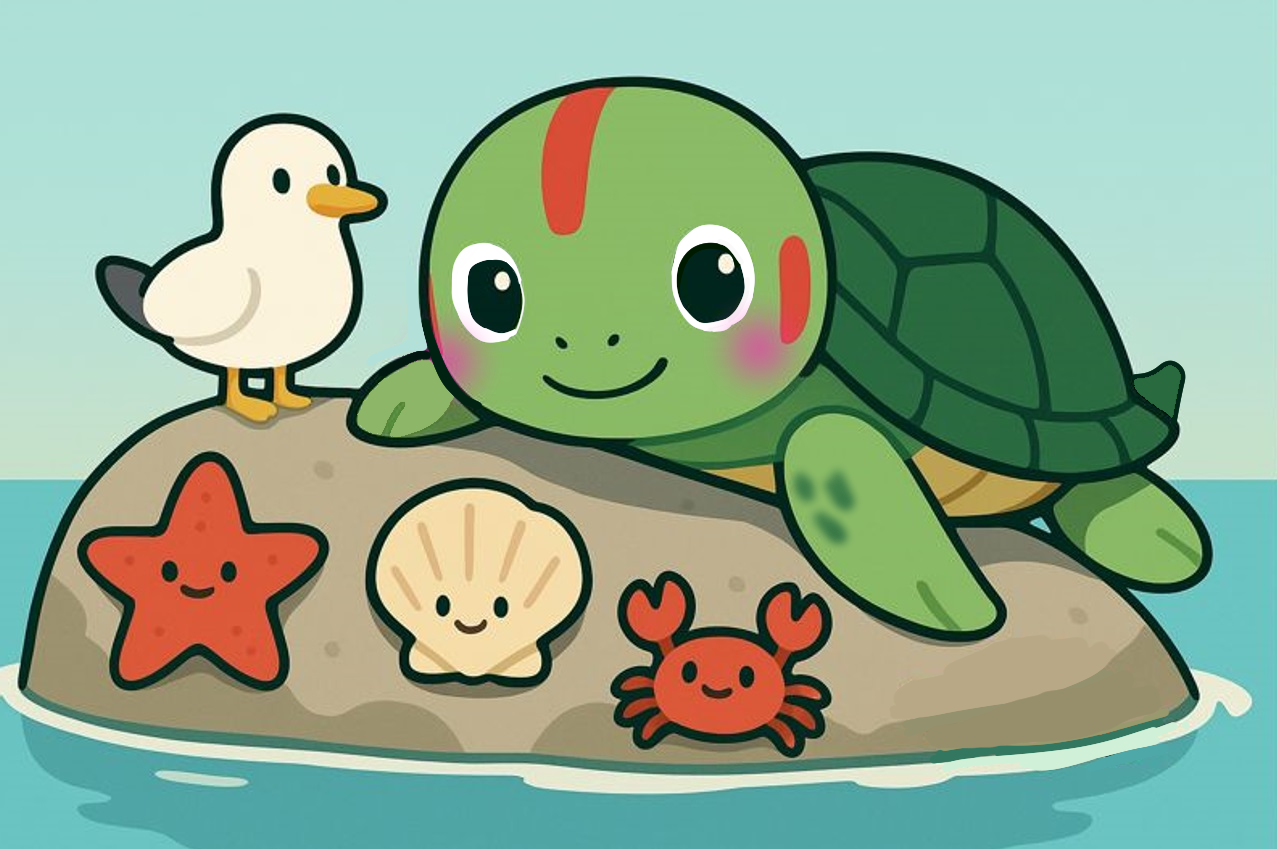 水辺の岩場からこちらをのぞき込むウミアカちゃんと、ヒトデやカモメたちのお友達